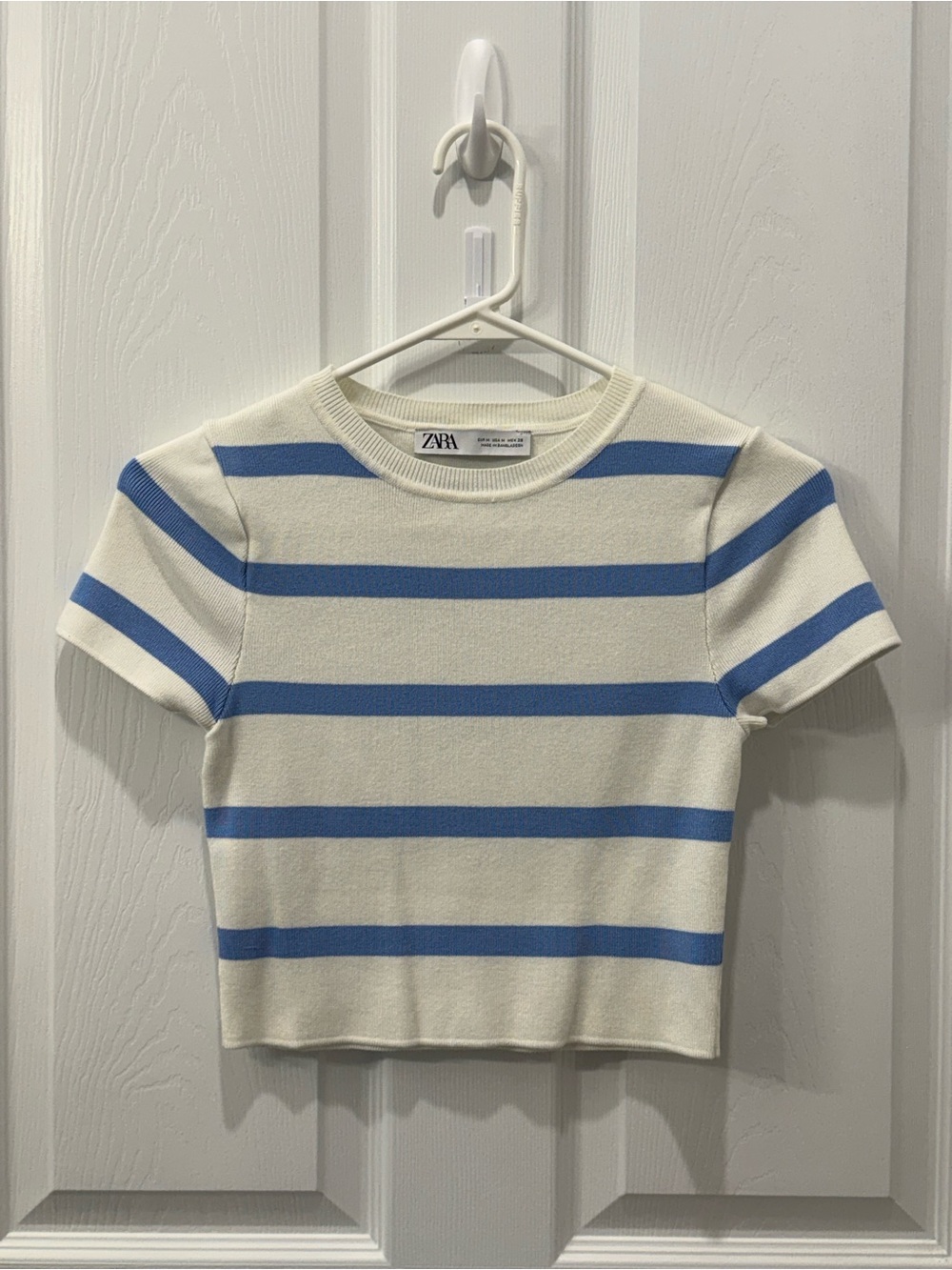 ZARA Cream & Blue Striped Short Sleeve Top